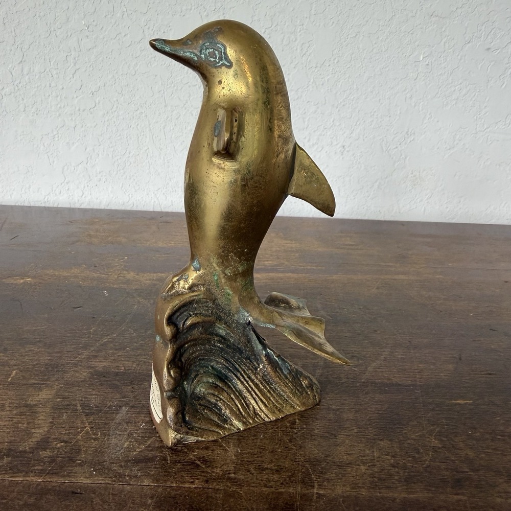 Vintage Genuine Solid Brass Dolphin Statue Figure Made in Korea Nautical Beach